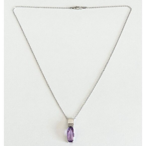 14K Solid White Gold Faceted Amethyst Diamond Accent Pendant Chain Necklace 18" - Picture 2 of 11
